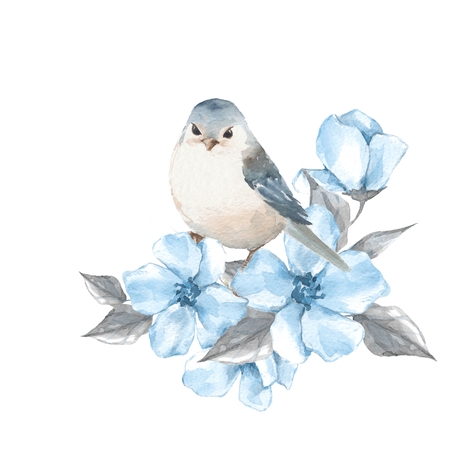 鳥と花水彩画の写真素材・画像素材 Image 93929266
